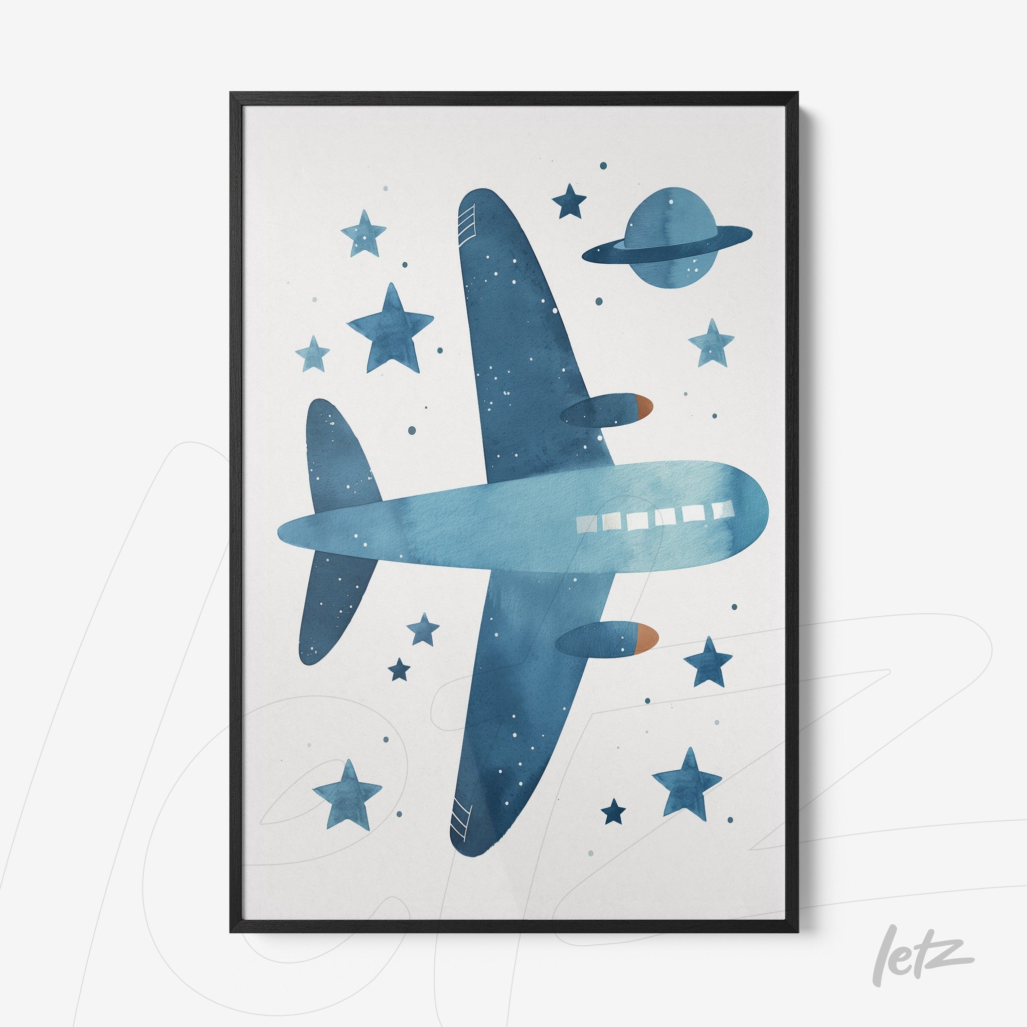 framed art featuring a blue watercolor airplane in a starry background with planets