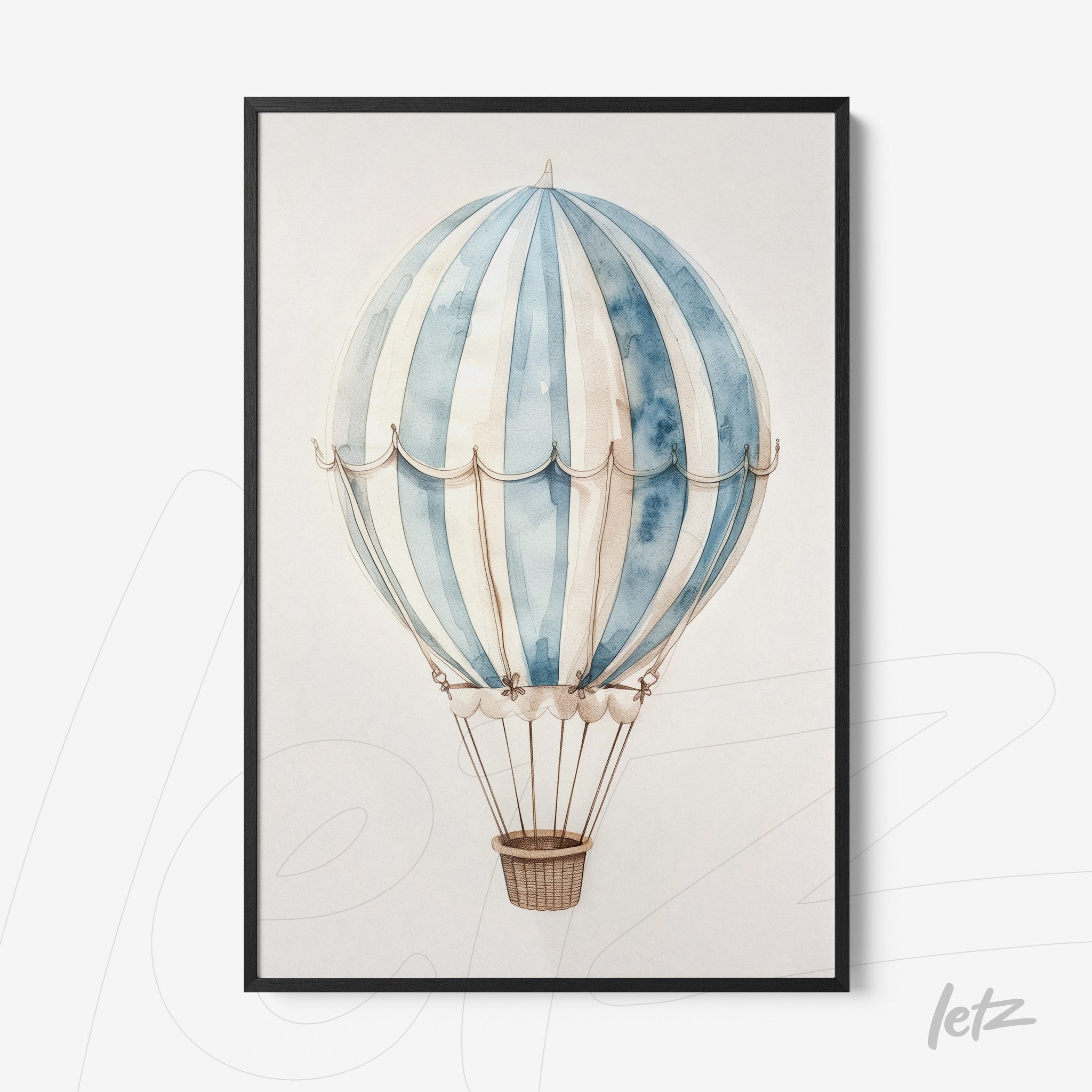 framed wall art of a hot air balloon in blue and white tones