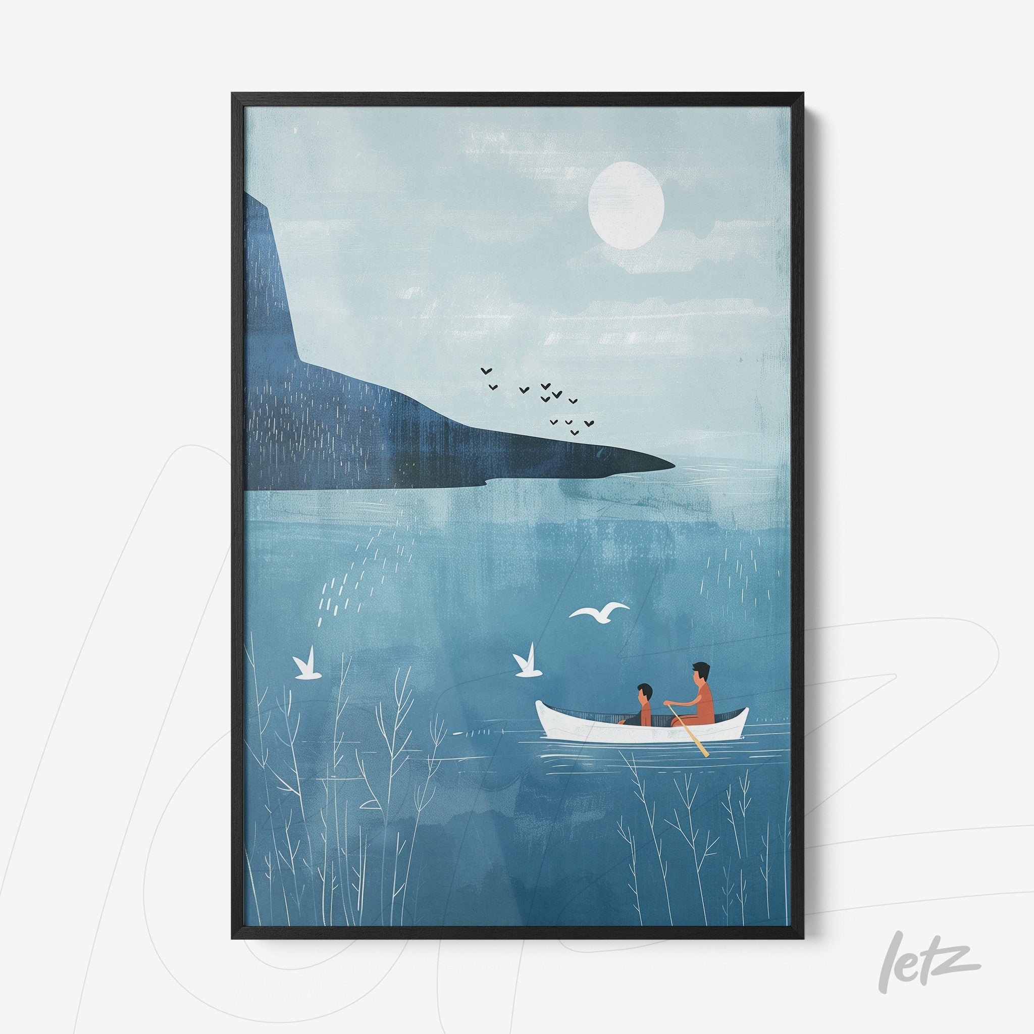 framed artwork featuring a minimalist illustration of a couple in a boat on a lake, with a mountain in the background and light blue sky