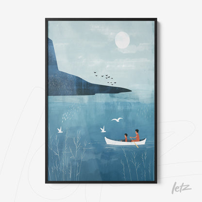 framed artwork featuring a minimalist illustration of a couple in a boat on a lake, with a mountain in the background and light blue sky
