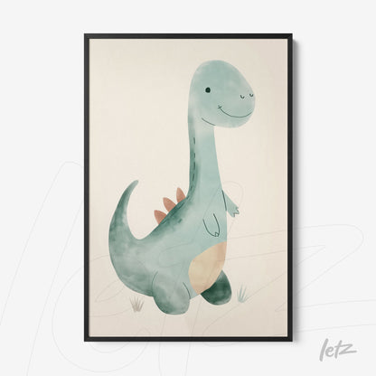framed wall art of a cute dinosaur illustration with black frame