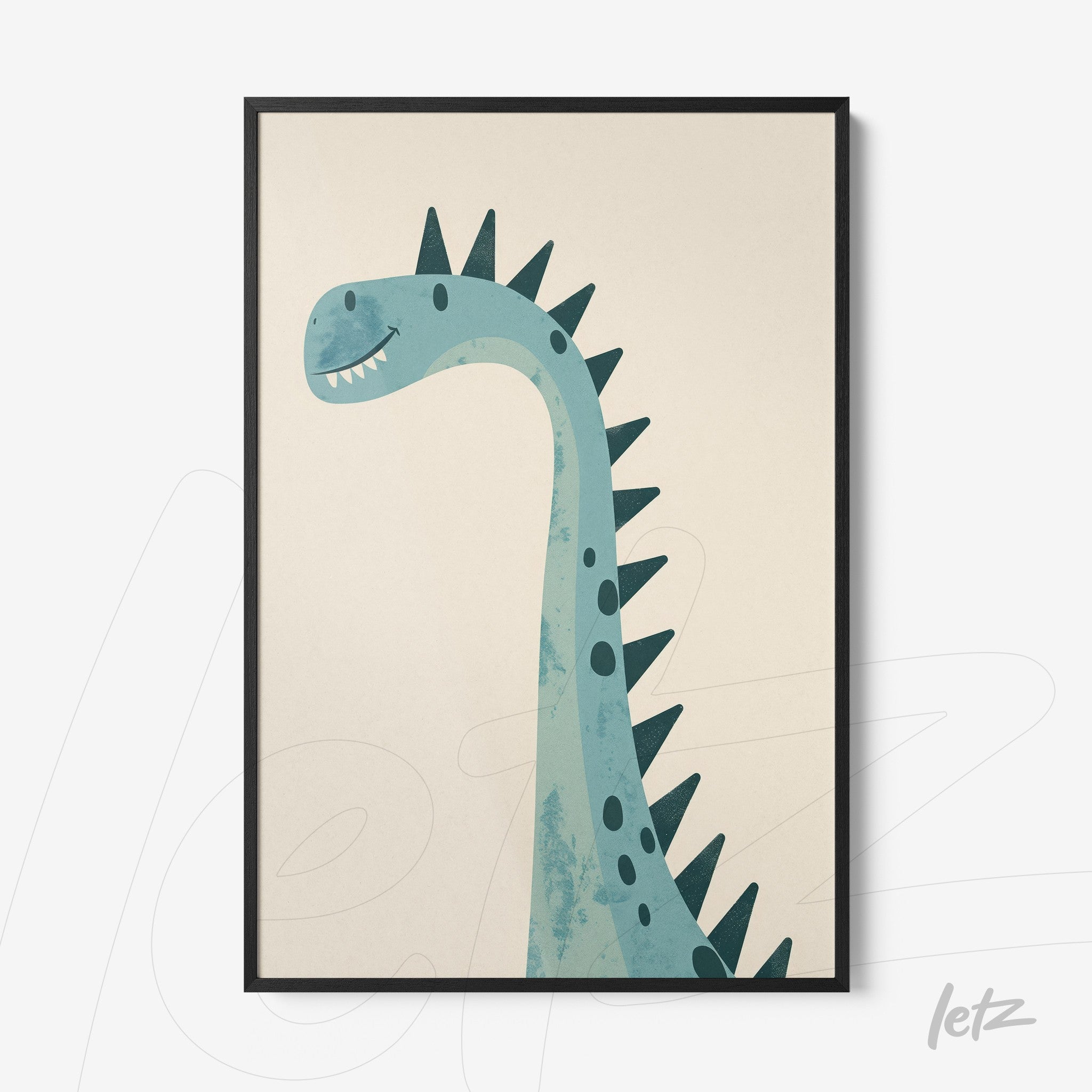 framed art print of a dinosaur in a playful style with a black frame and light background