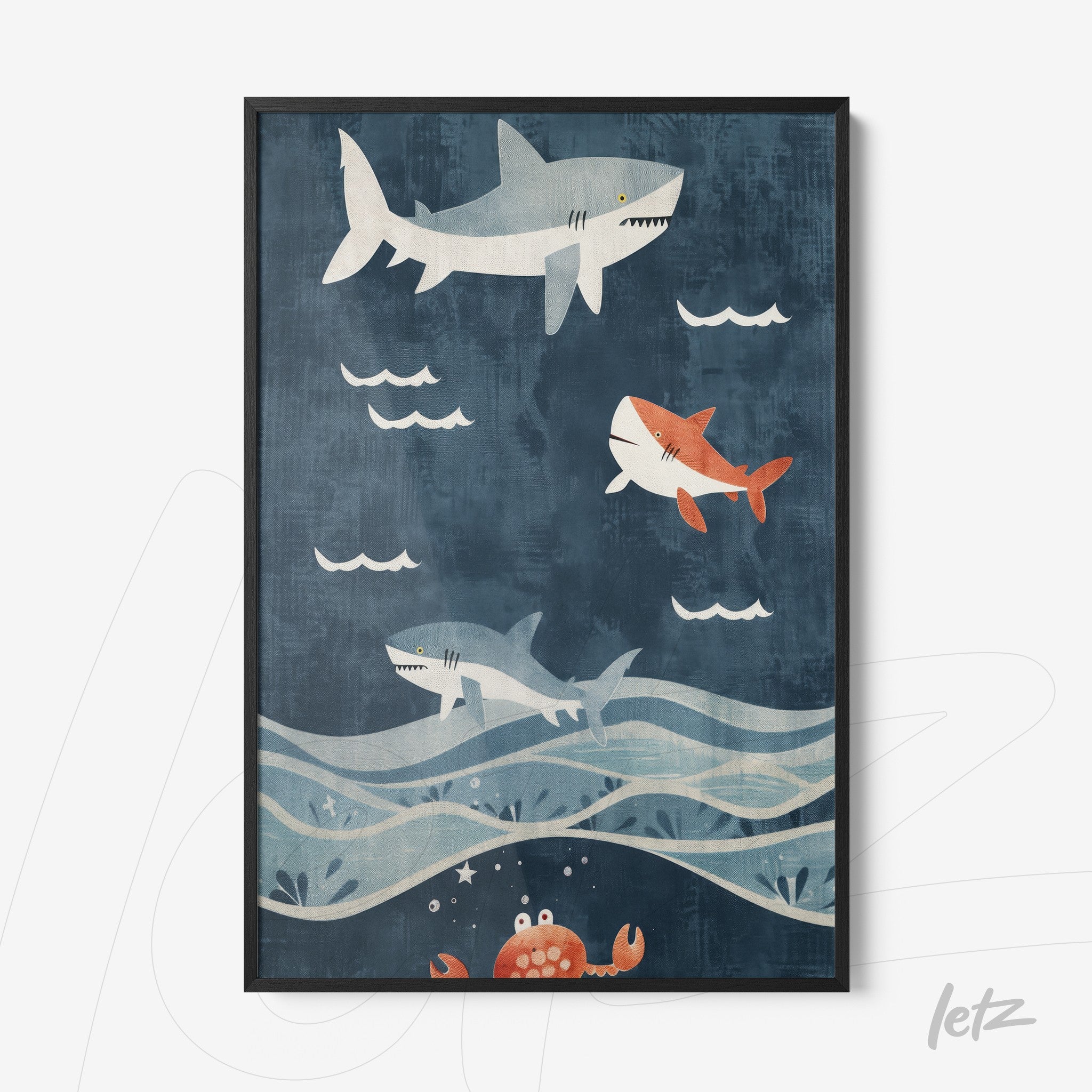 framed artwork depicting sharks swimming in blue water with a crab at the bottom and stylized waves