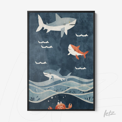 framed artwork depicting sharks swimming in blue water with a crab at the bottom and stylized waves