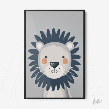 framed illustration of a stylized lion with a light gray background and black frame