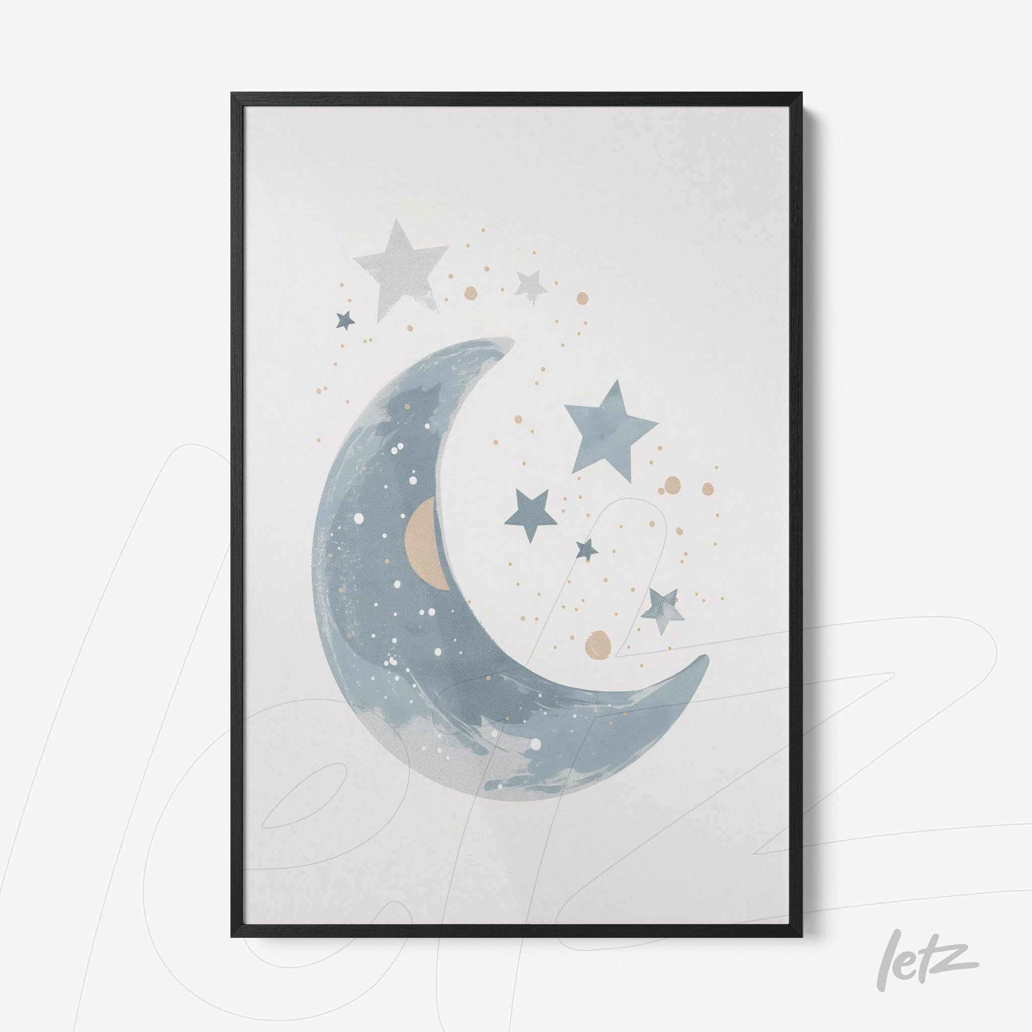 framed wall art featuring a crescent moon and stars in blue and gold tones