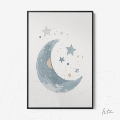 framed wall art featuring a crescent moon and stars in blue and gold tones