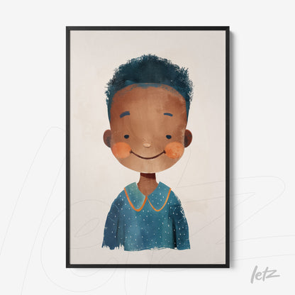 framed wall art featuring a cheerful boy illustration with curly hair wearing a blue outfit