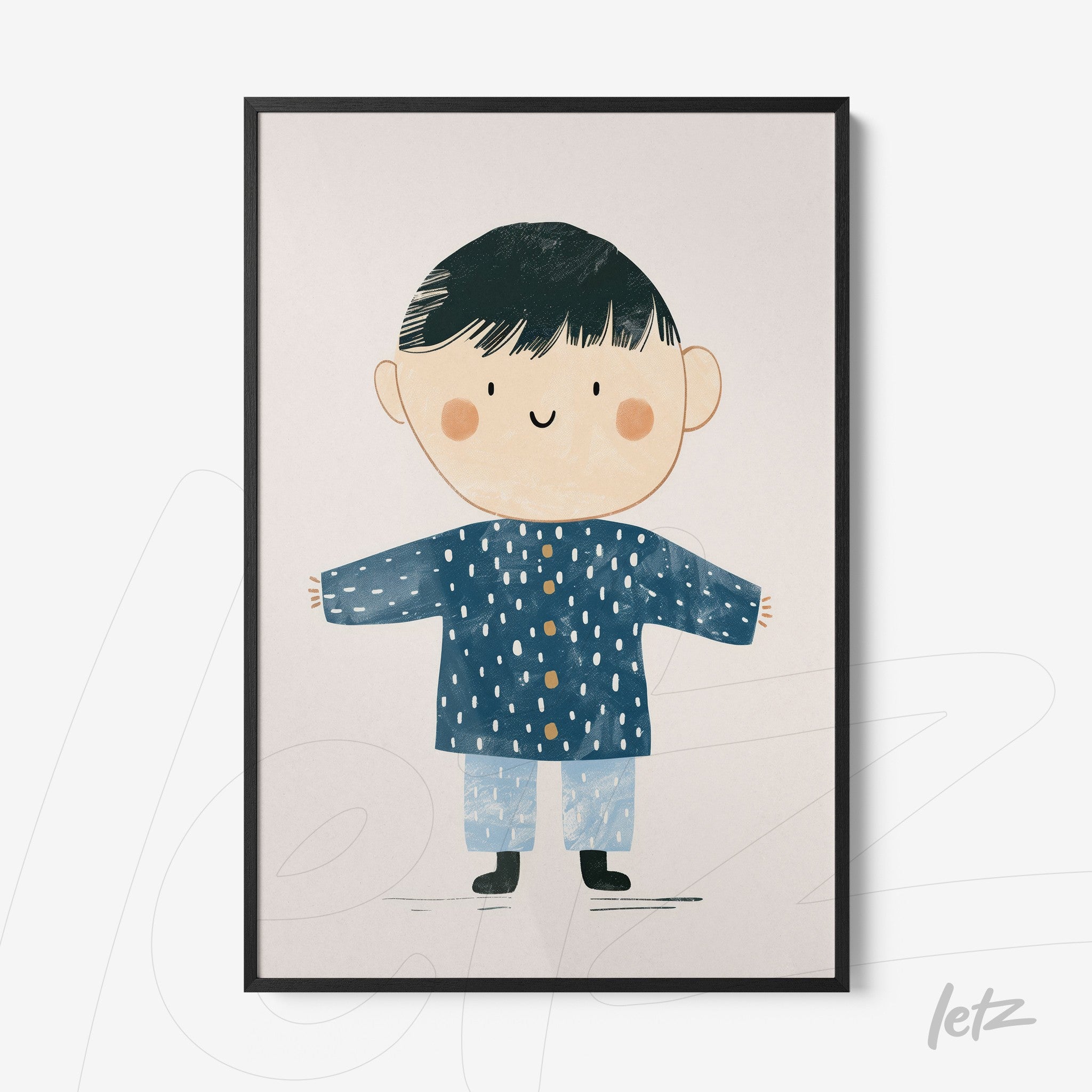 framed wall art featuring a cheerful illustration of a boy in a blue coat and light pants