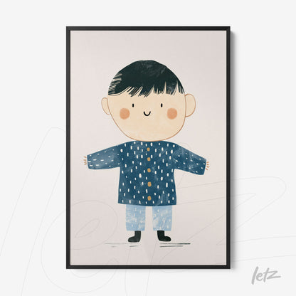 framed wall art featuring a cheerful illustration of a boy in a blue coat and light pants