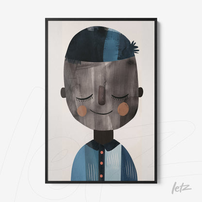 framed artwork featuring a minimalist illustration of a smiling child in blue attire with black details