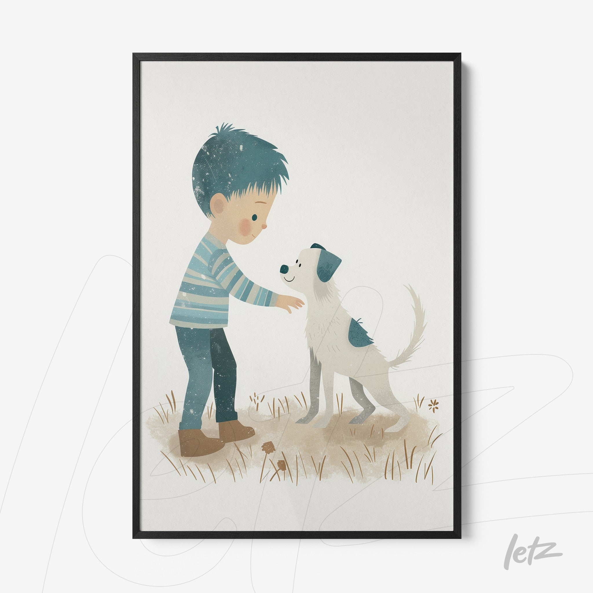 framed wall art of a child petting a dog in a black thin frame
