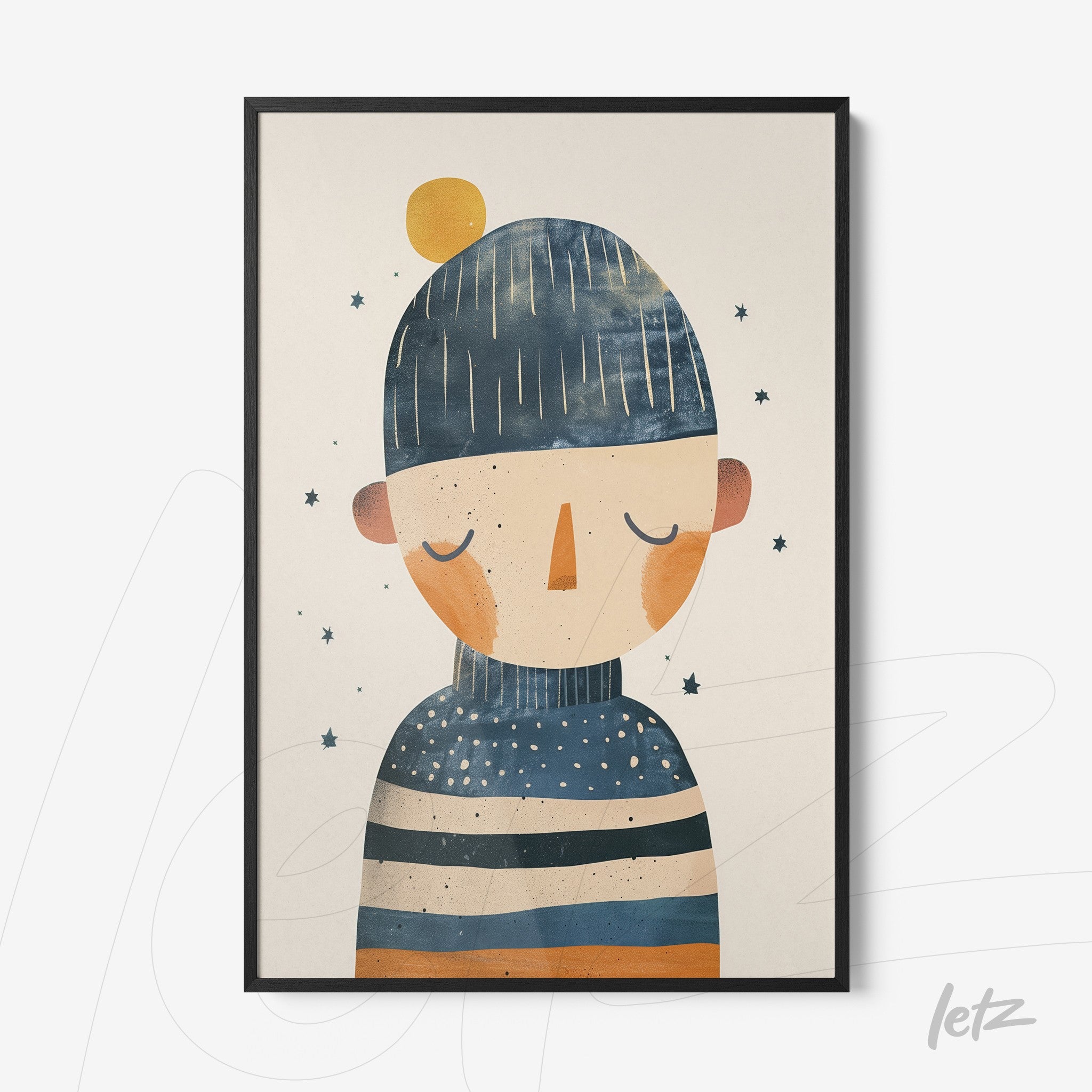 framed artwork featuring a character in a blue hat, colorful stripes, and a light background