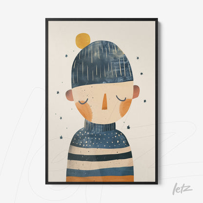 framed artwork featuring a character in a blue hat, colorful stripes, and a light background