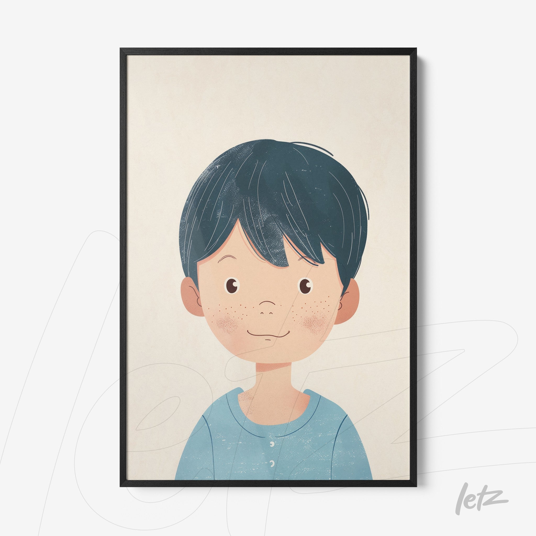framed art featuring a smiling boy with short dark hair in a black frame