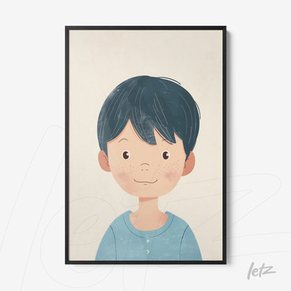 framed art featuring a smiling boy with short dark hair in a black frame