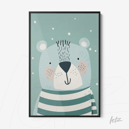 framed artwork of a cheerful bear wearing green and white stripes