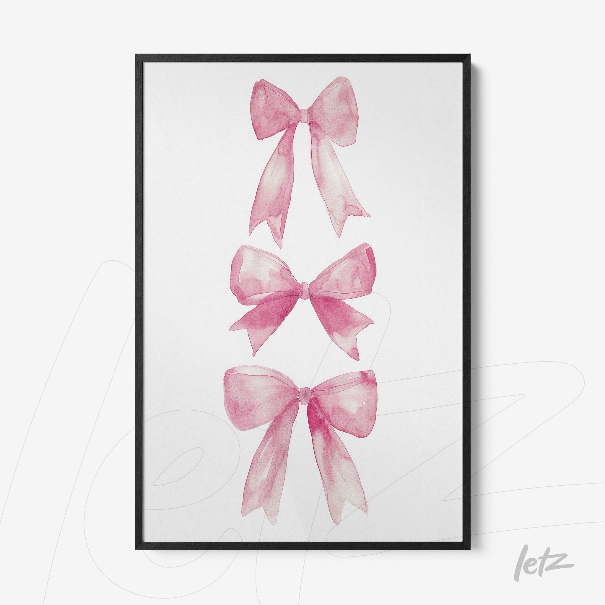 framed wall art featuring watercolor illustrations of pink bows