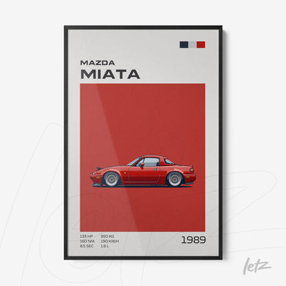 framed graphic art of 1989 Mazda Miata with red background and black frame