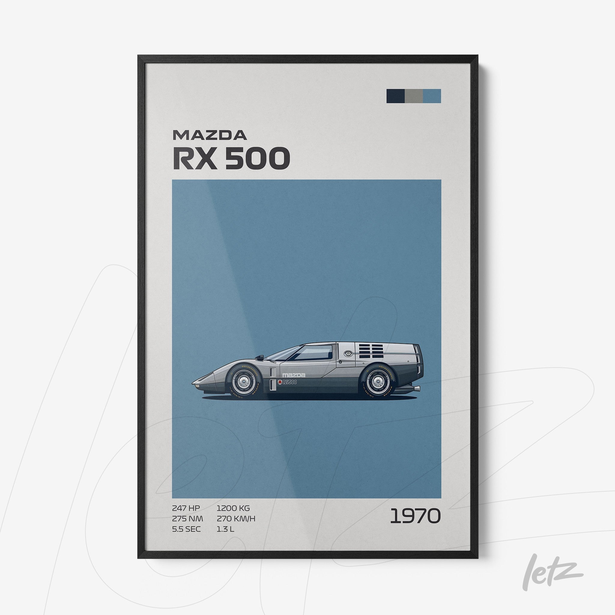 framed artwork featuring a minimalist illustration of Mazda RX 500 with black frame