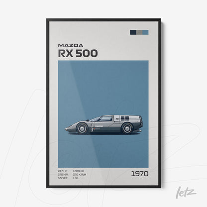 framed artwork featuring a minimalist illustration of Mazda RX 500 with black frame