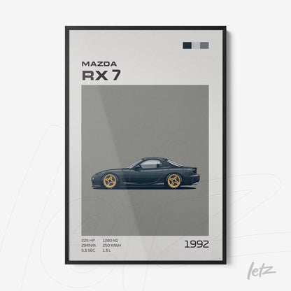 framed wall art featuring a digital illustration of a Mazda RX-7 with a black frame
