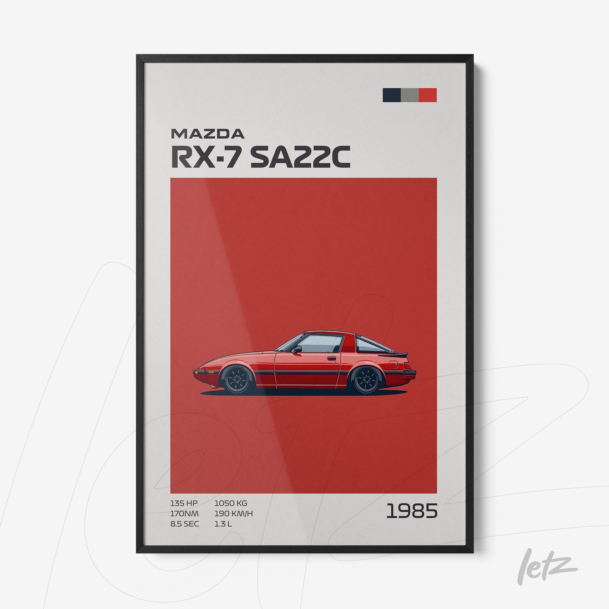 minimalist wall art featuring Mazda RX-7 SA22C on red background with black frame