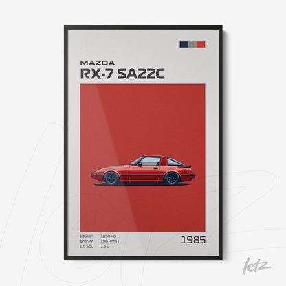 minimalist wall art featuring Mazda RX-7 SA22C on red background with black frame