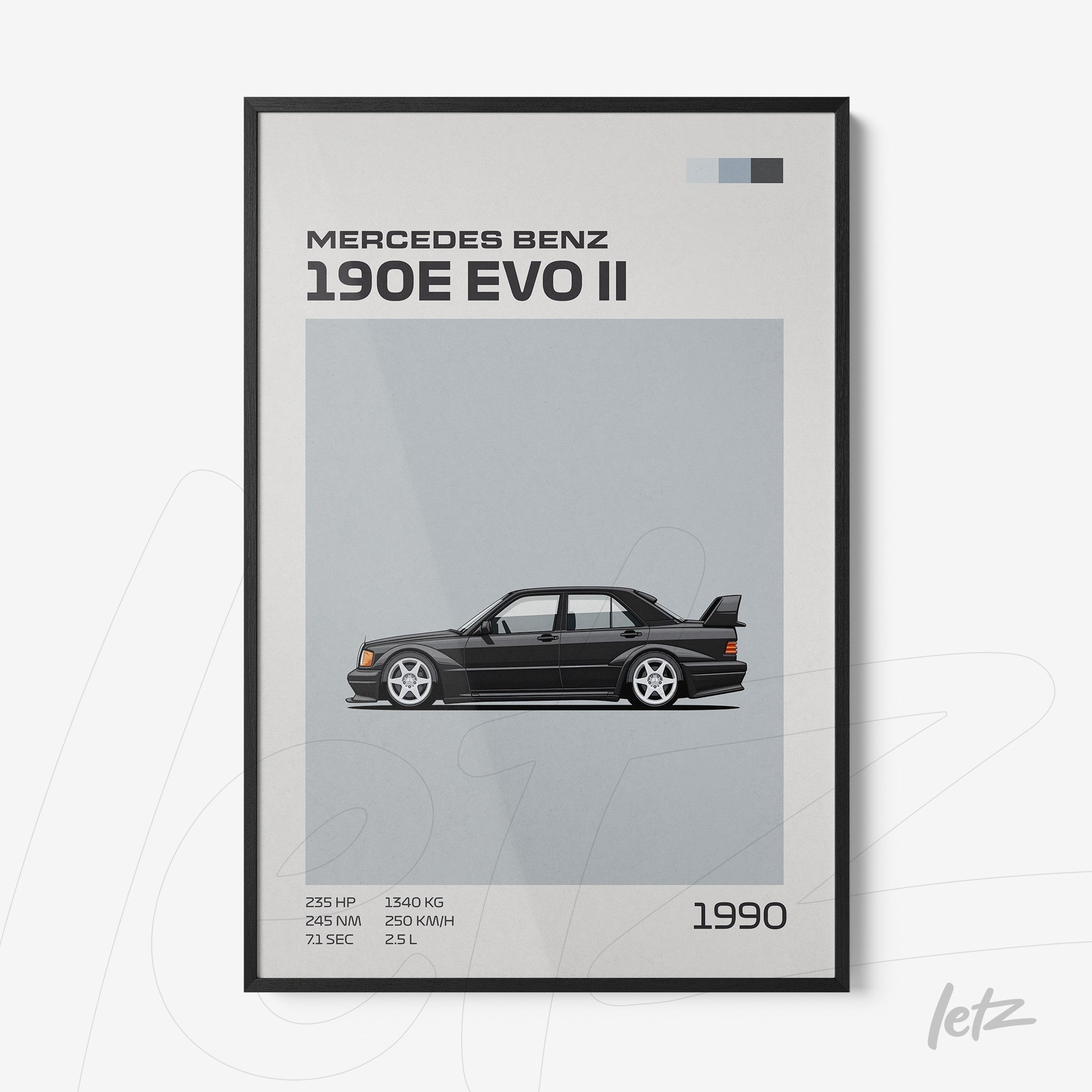 framed wall art featuring the mercedes benz 190e evo ii illustration with a black frame and gray background