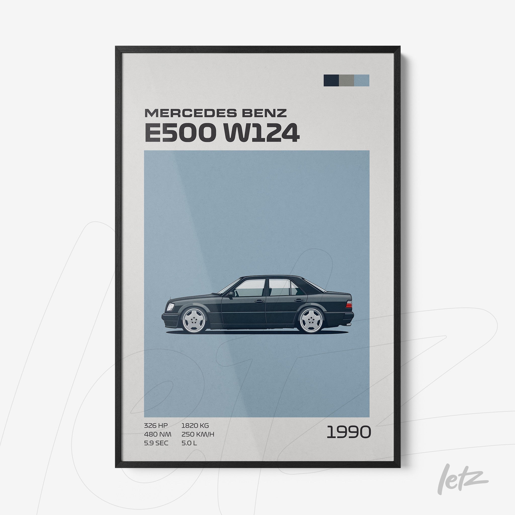 framed wall art with minimalist illustration of Mercedes Benz E500 W124 on blue background
