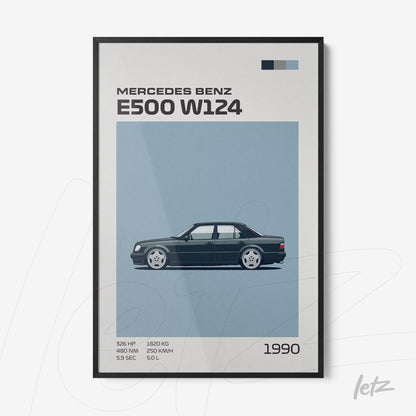 framed wall art with minimalist illustration of Mercedes Benz E500 W124 on blue background