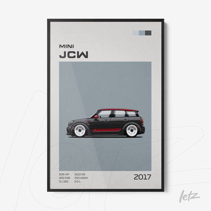 framed digital art of a mini john cooper works car against a gray background with a thin black frame