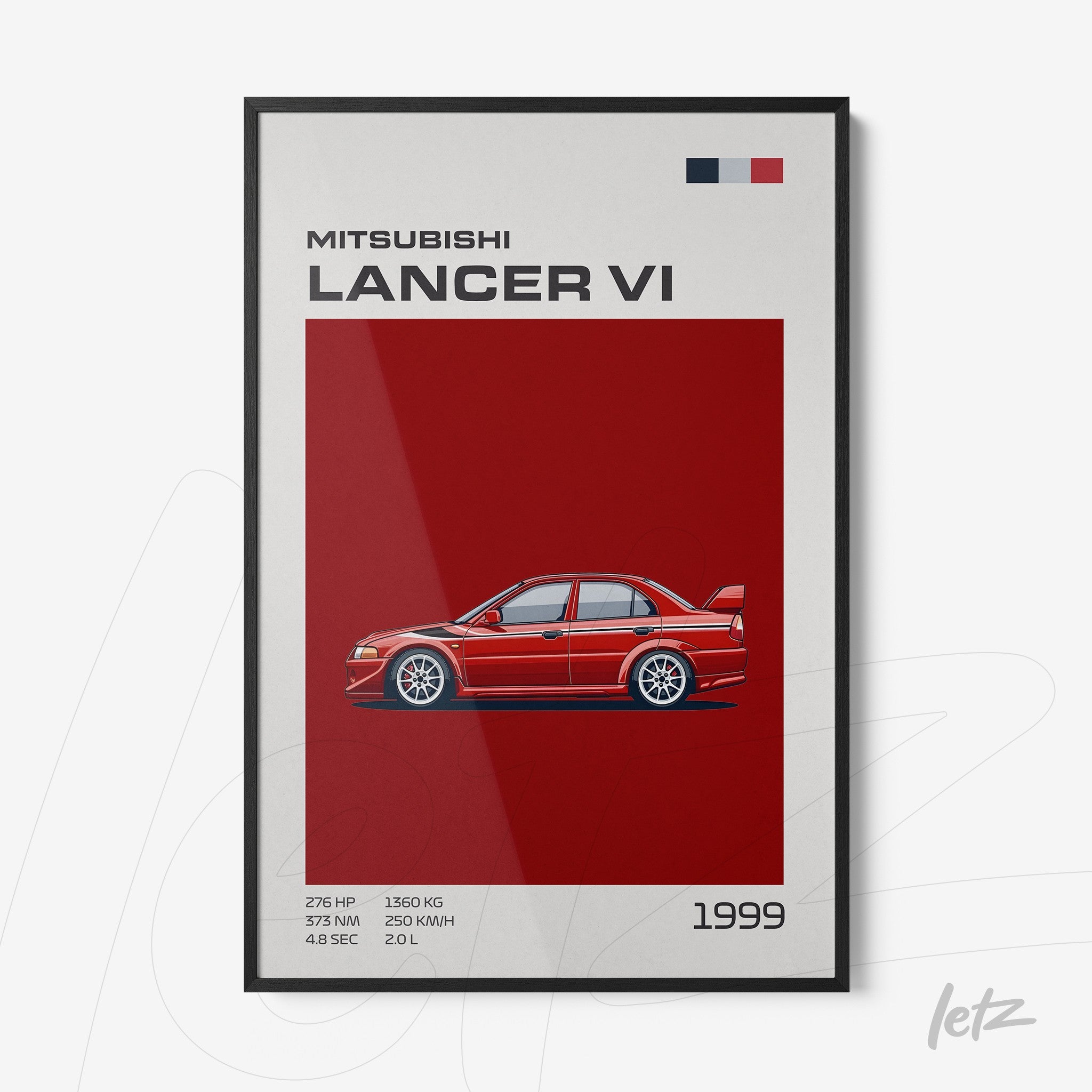 framed digital art of Mitsubishi Lancer VI on a red background with a black frame