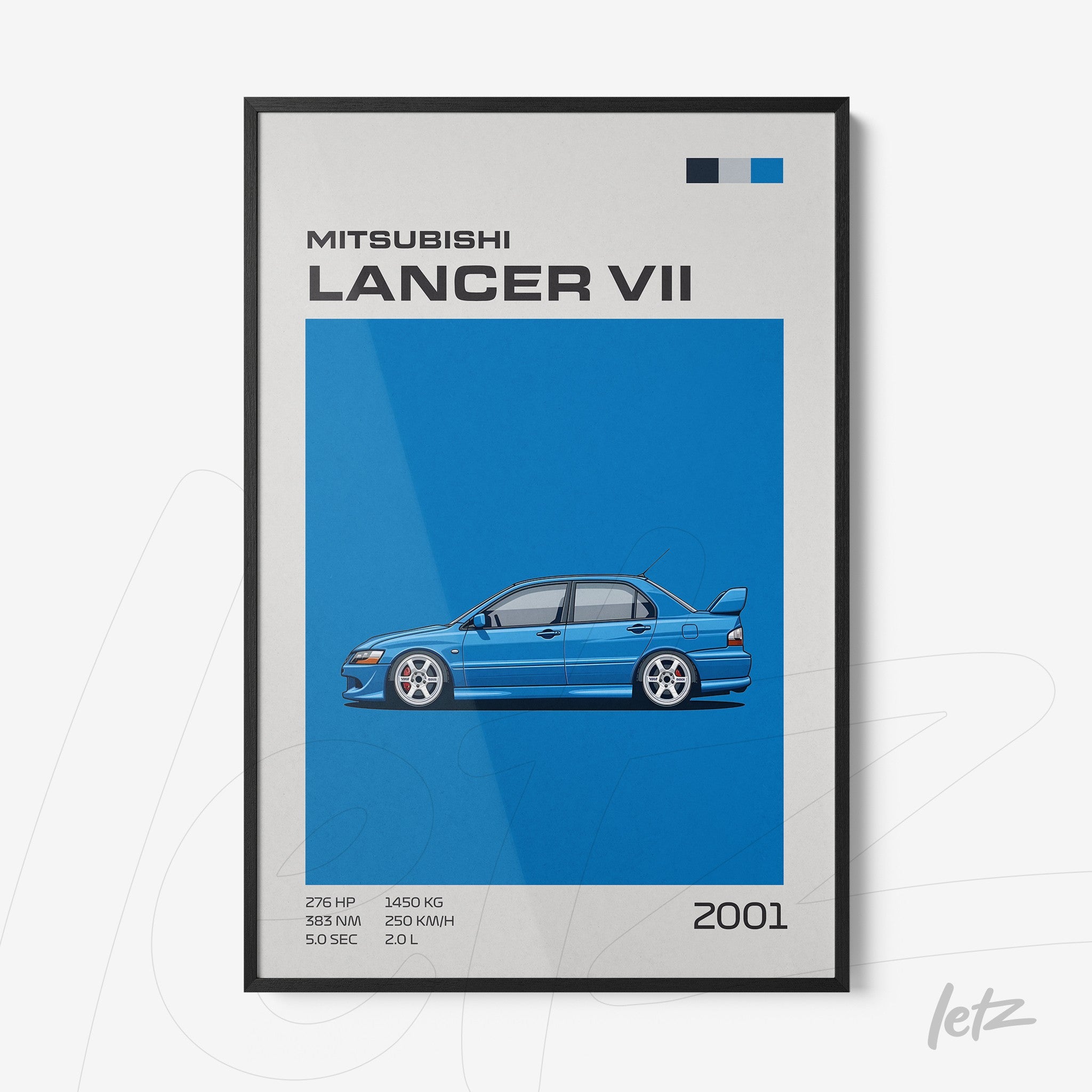 framed illustration of Mitsubishi Lancer VII in blue background featuring technical specifications of the car