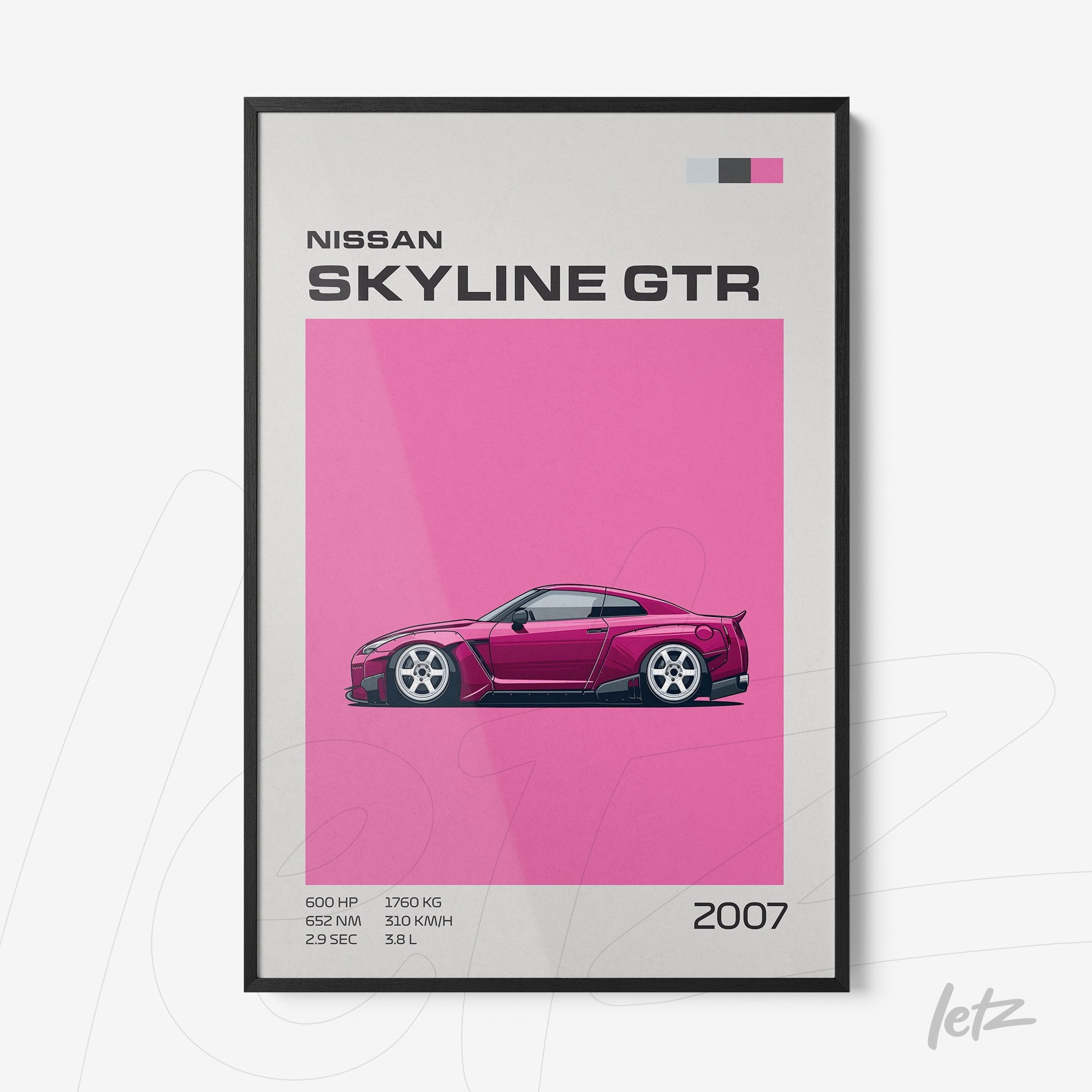 framed artwork featuring a minimalist illustration of the Nissan Skyline GTR with a pink background and black frame