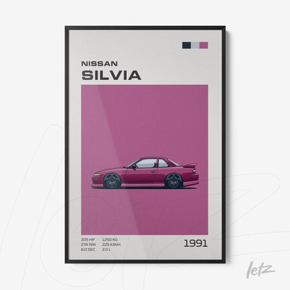 framed wall art featuring a digital illustration of a pink nissan silvia against a purple background with black frame and blue red accents