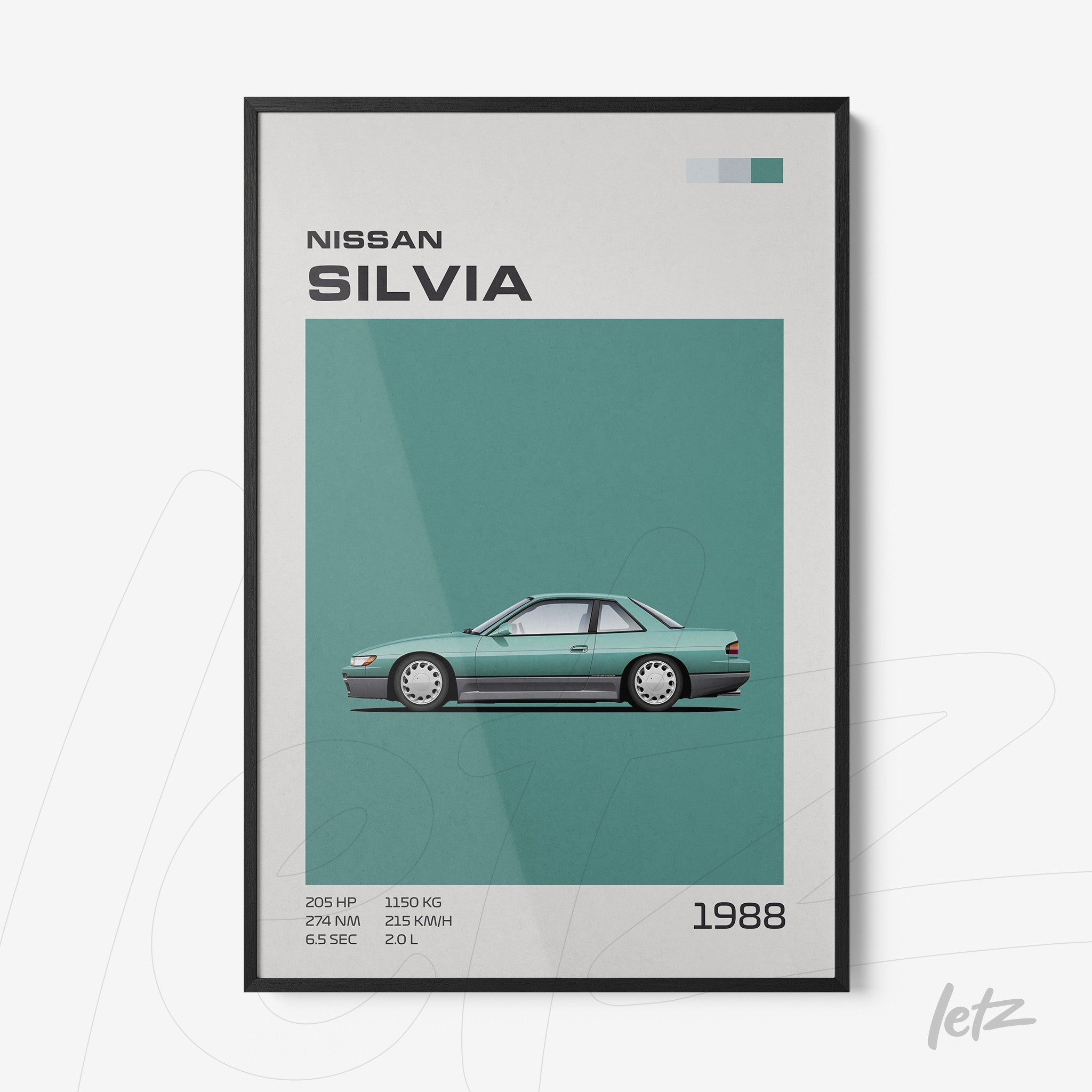 framed artwork of the 1988 Nissan Silvia car illustration with black frame