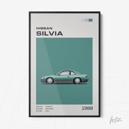 framed artwork of the 1988 Nissan Silvia car illustration with black frame