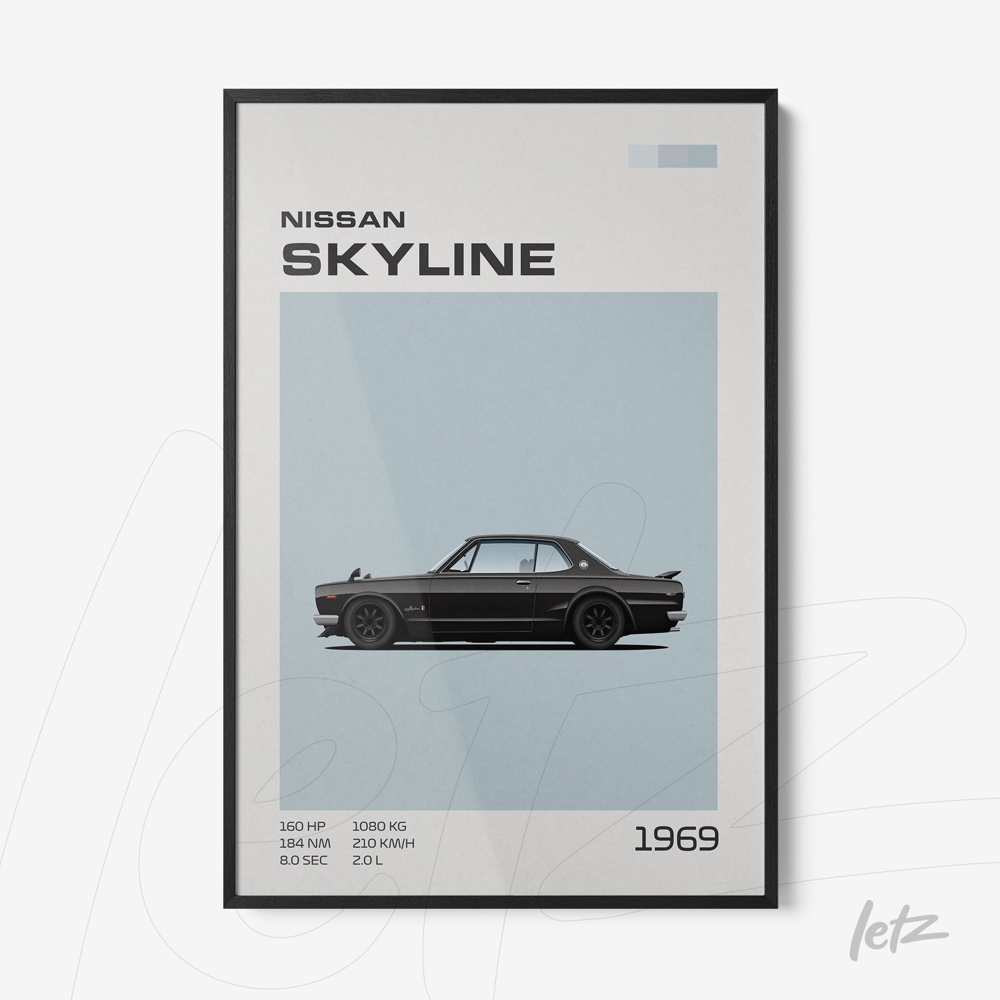 framed art print of the 1969 Nissan Skyline in a minimalistic design with a black frame