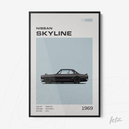 framed art print of the 1969 Nissan Skyline in a minimalistic design with a black frame