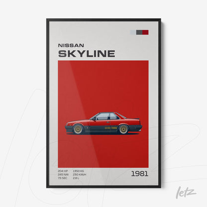 framed artwork of 1981 Nissan Skyline in red background with black frame