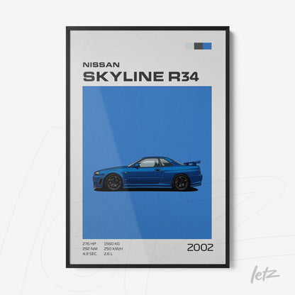 framed wall art featuring an illustration of the Nissan Skyline R34 on a vibrant blue background