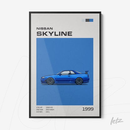 framed digital art of the 1999 Nissan Skyline on blue background with black frame