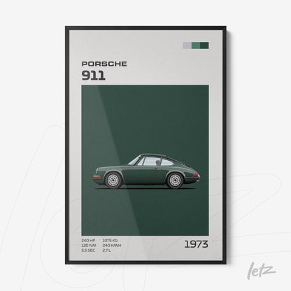 framed artwork featuring an illustration of a Porsche 911 on a dark green background with black frame