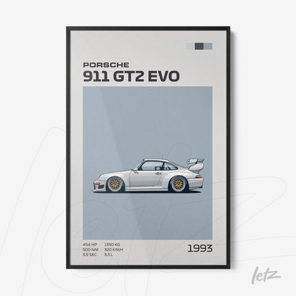 framed wall art featuring a digital illustration of the 1993 Porsche 911 GT2 Evo in a black frame