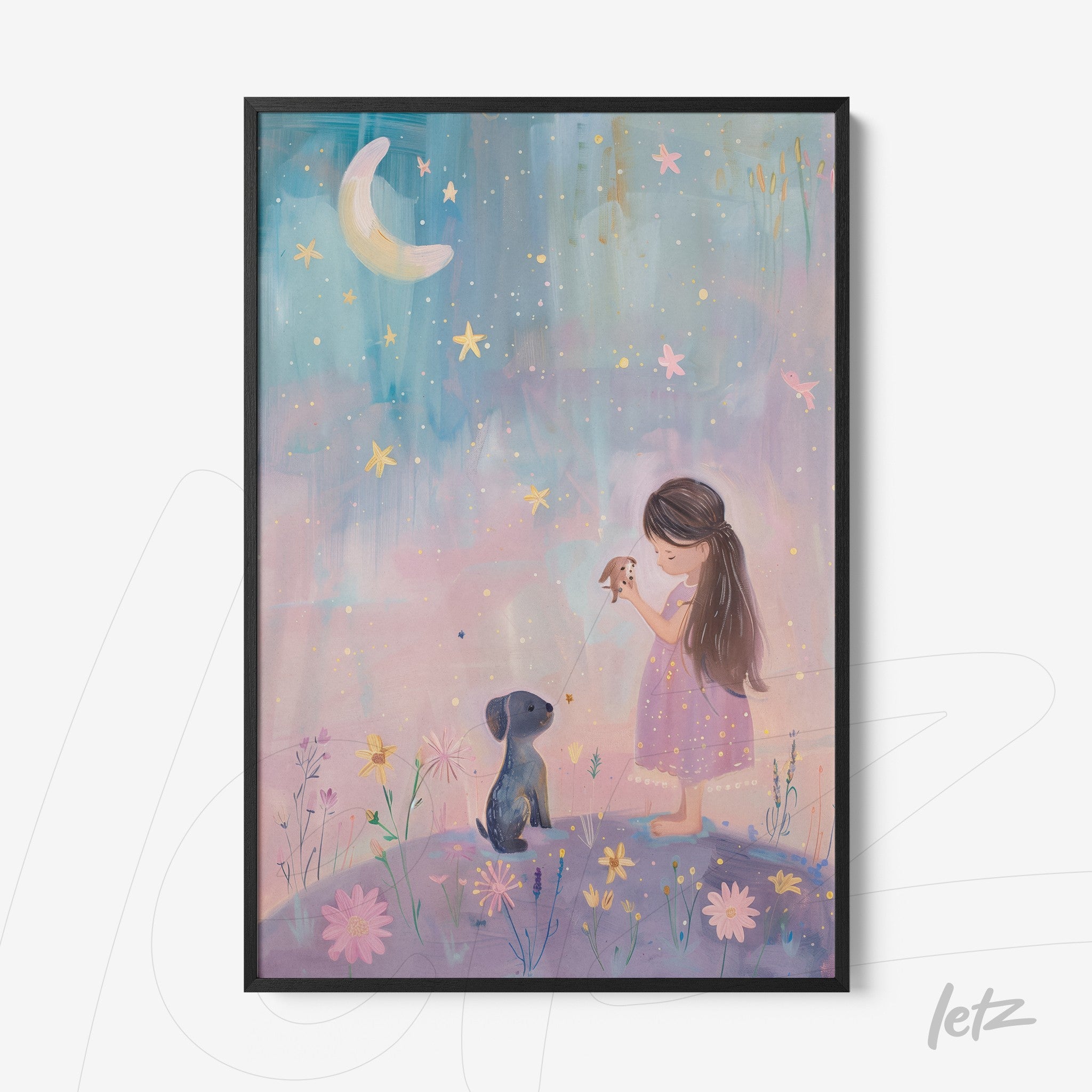 framed children's art featuring a girl in a pink dress holding a star and a dog against a whimsical background with flowers and a starry sky