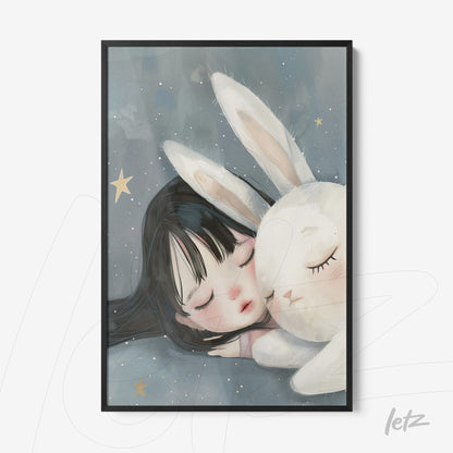 framed artwork featuring a sleeping girl next to a white bunny, set against a dark blue background with golden stars
