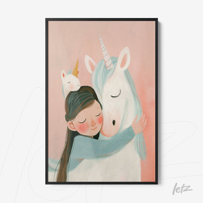 children's framed illustration of a girl hugging a unicorn with a pink background and black frame