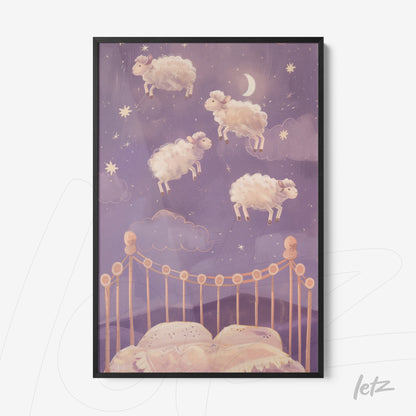 framed artwork featuring whimsical sheep jumping over a bed set against a purple night sky filled with stars