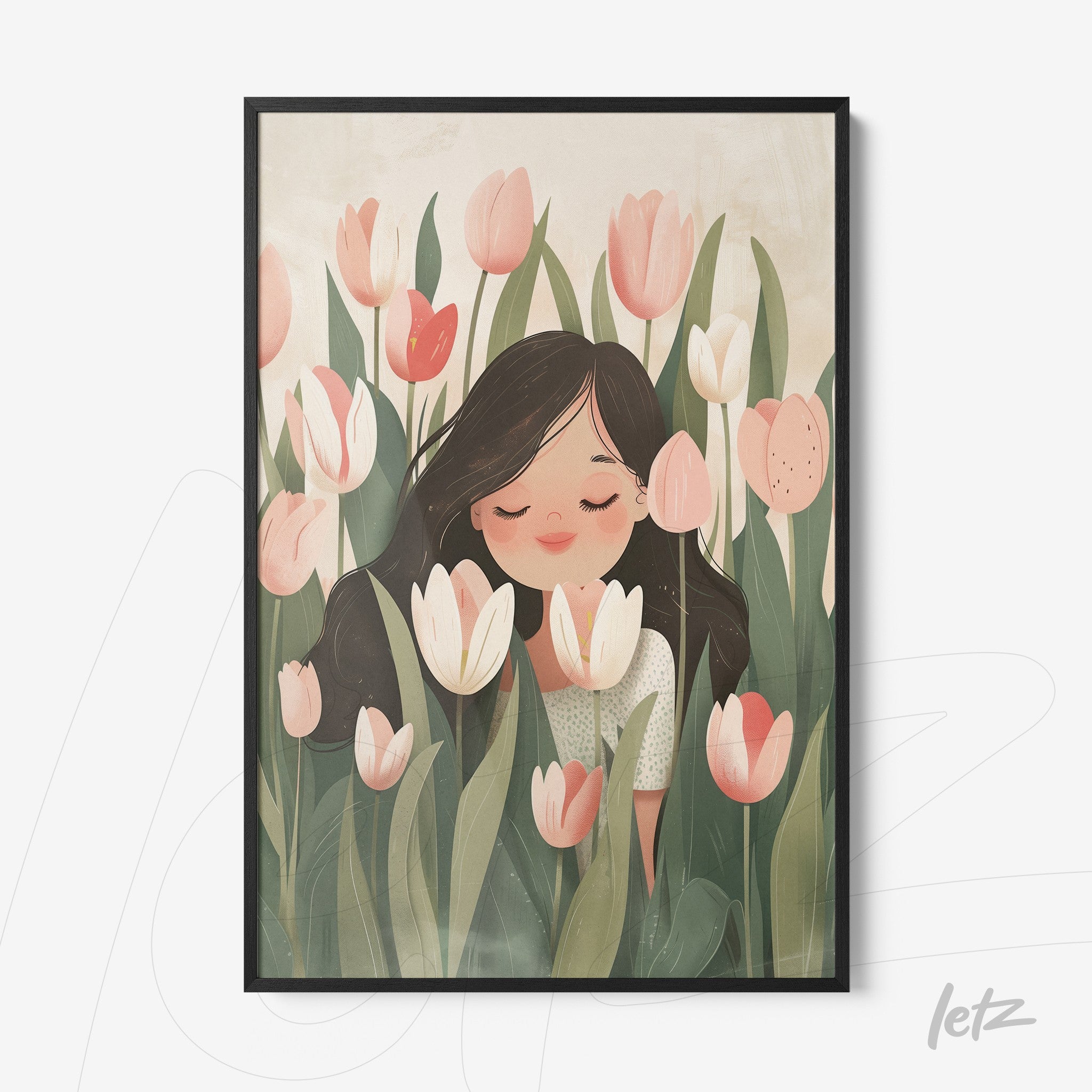 framed artwork featuring a girl in a tulip field with black frame